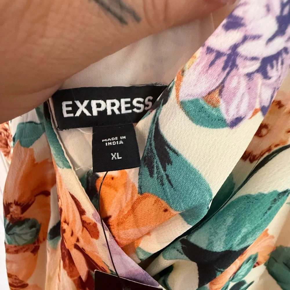 Express NWT Hi Low Satin Floral Midi Faux Wrap Wedding Guest Dress Women’s XL - Picture 2 of 4